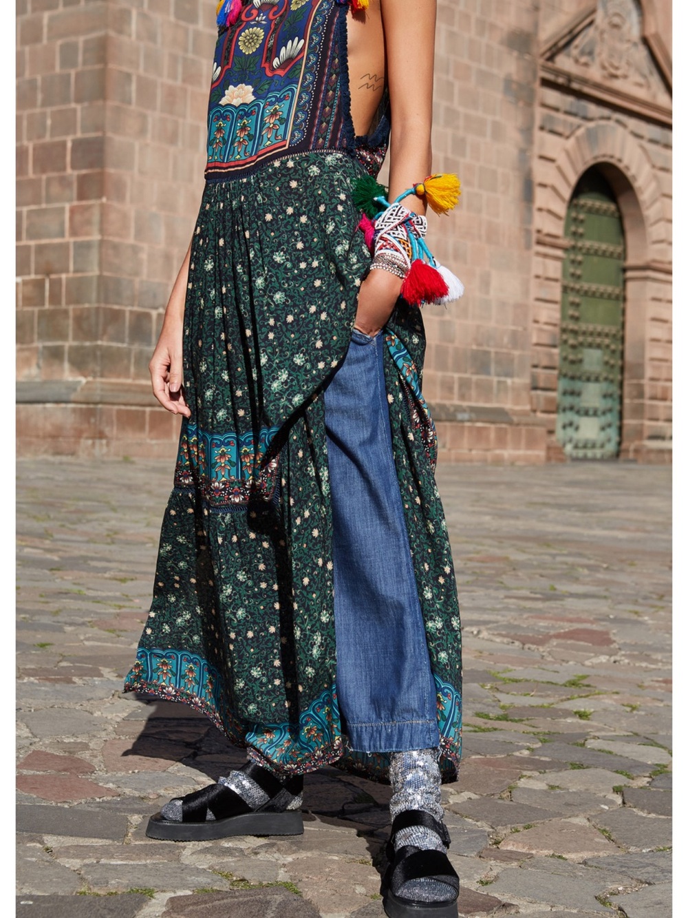 FARM RIO Bohemian Black Floral Maxi Dress with Colorful Embroidered Bodice - Picture 5 of 5